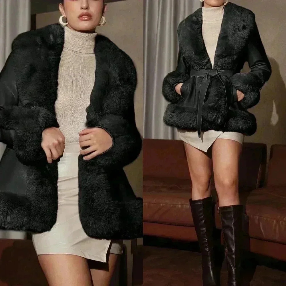 Black Elegant Women's Plaid Patchwork Coat With Collar And Belt